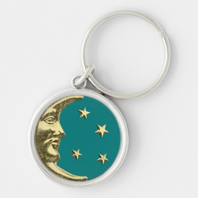 Art Deco Moon and Stars - Teal and Gold Keychain (Front)