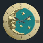 Art Deco Moon and Stars - Teal and Gold Large Clock<br><div class="desc">Classic Art Deco moon and stars design in brushed gold,  with an enamel look teal / peacock blue-green background</div>