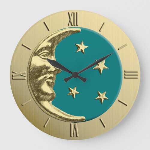Art Deco Moon and Stars _ Teal and Gold Large Clock