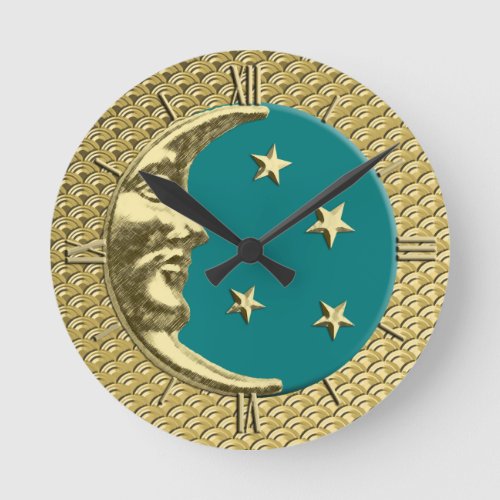 Art Deco Moon and Stars Teal and Gold Round Clock