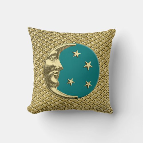 Art Deco Moon and stars _ Teal and Gold Throw Pillow