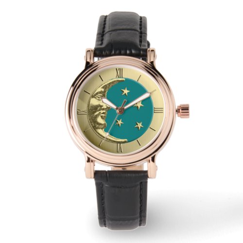 Art Deco Moon and Stars _ Teal and Gold Watch