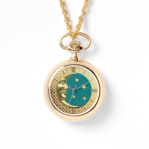 Art Deco Moon and Stars Teal and Gold Watch