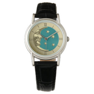 Art Deco Moon and Stars - Teal and Gold Watch