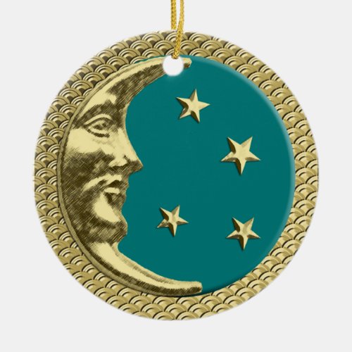 Art Deco Moon and Stars Teal on a Gold Background  Ceramic Ornament