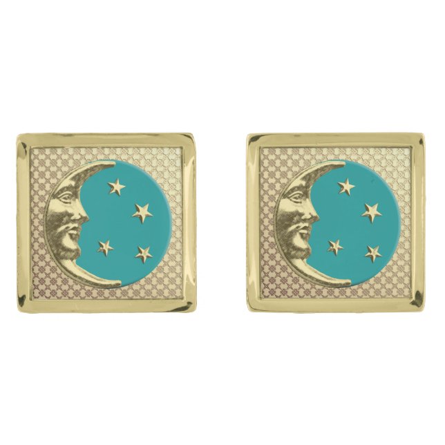 Art Deco Moon and Stars, Turquoise and Gold  Cufflinks (Front)