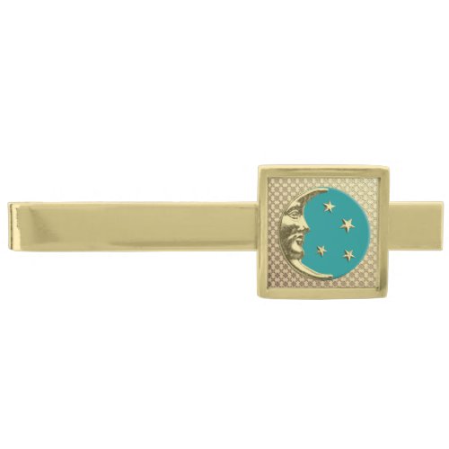 Art Deco Moon and Stars Turquoise and Gold Gold F Gold Finish Tie Bar