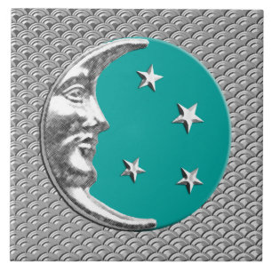 Art Deco Moon and stars - Turquoise & Silver Ceramic Tile