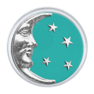 Art Deco Moon and Stars - Turquoise & Silver Finish Lapel Pin