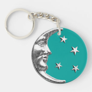 Art Deco Moon and Stars - Turquoise & Silver Keychain