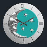 Art Deco Moon and Stars - Turquoise & Silver Large Clock<br><div class="desc">Classic Art Deco moon and stars design in brushed metallic silver,  with an enamel look,  turquoise / peacock background</div>