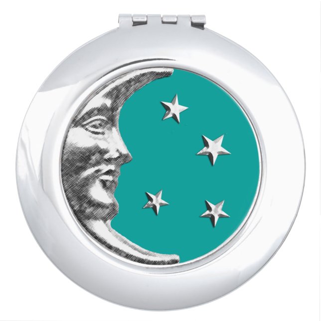 Art Deco Moon and Stars - Turquoise & Silver Mirror For Makeup (Front)