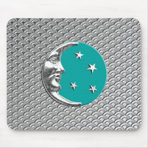 Art Deco Moon and stars _ Turquoise  Silver Mouse Pad