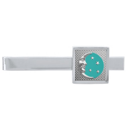 Art Deco Moon and Stars Turquoise  Silver Silver Finish Tie Bar