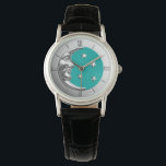 Art Deco Moon and Stars - Turquoise & Silver Watch<br><div class="desc">Classic Art Deco moon and stars design in brushed metallic silver,  with an enamel look,  turquoise / peacock background</div>