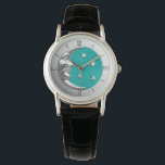 Art Deco Moon and Stars - Turquoise & Silver Watch<br><div class="desc">Classic Art Deco moon and stars design in brushed metallic silver,  with an enamel look,  turquoise / peacock background</div>