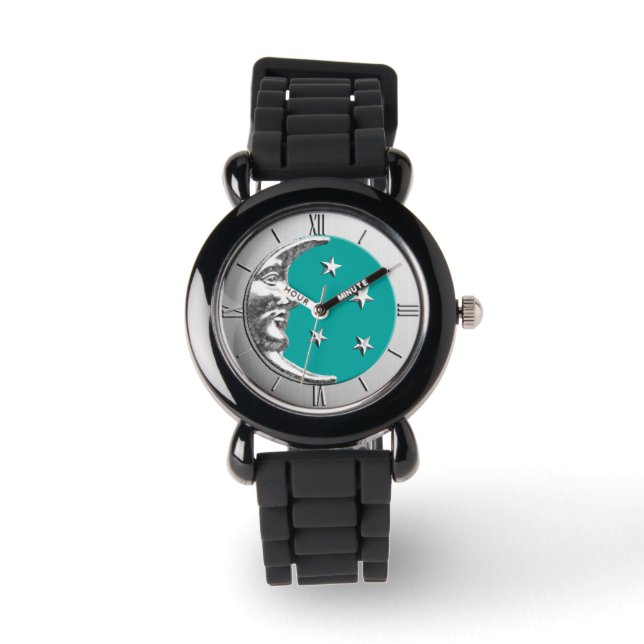 Art Deco Moon and Stars - Turquoise & Silver Watch (Front)