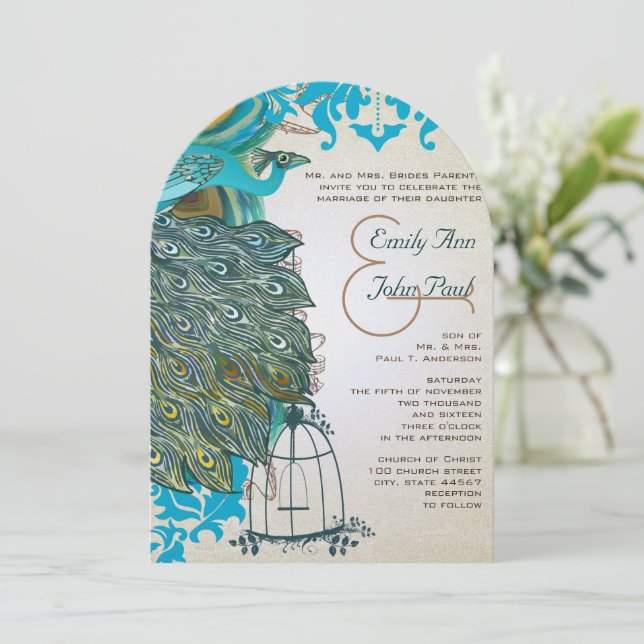 Art Deco  Musical Peacock Bird Cage Feathers Invitation (Standing Front)