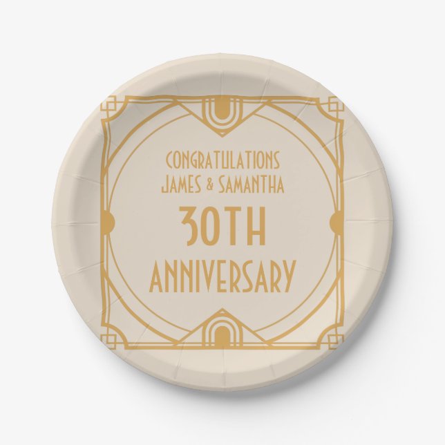 Art Deco Name 40th Wedding Anniversary Pearl Cream Paper Plates (Front)