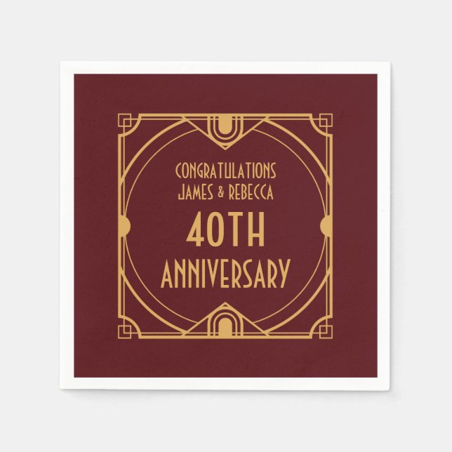 Art Deco Name 40th Wedding Anniversary Ruby Red Napkins (Front)