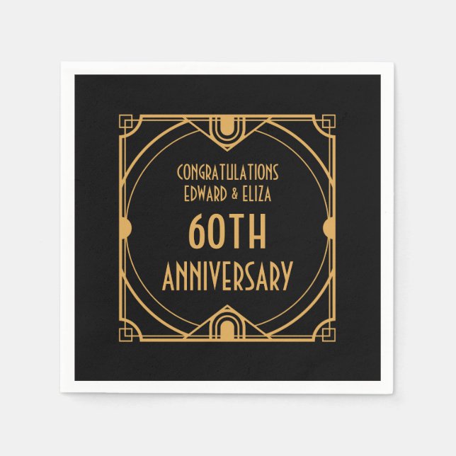 Art Deco Name 60th Wedding Anniversary Gold Black Napkins (Front)