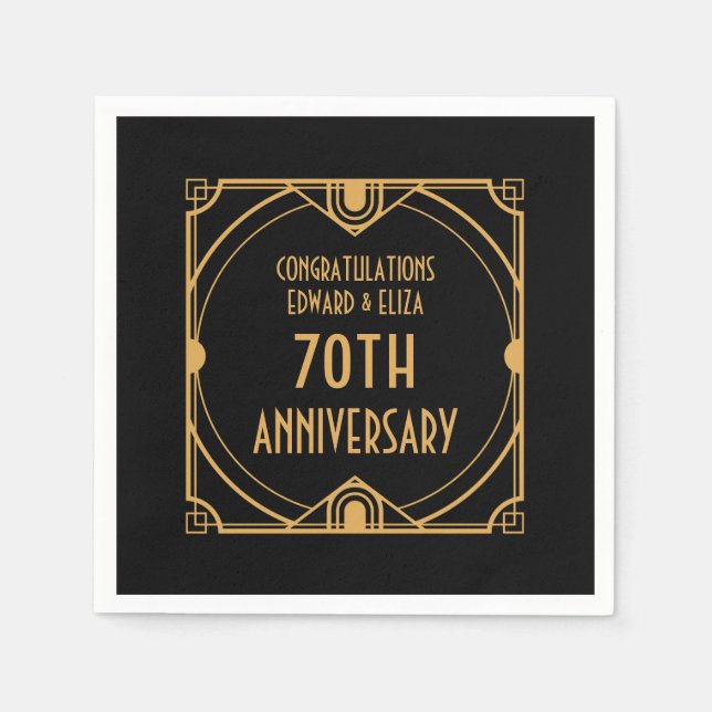 Art Deco Name 70th Wedding Anniversary Gold Black Napkins (Front)