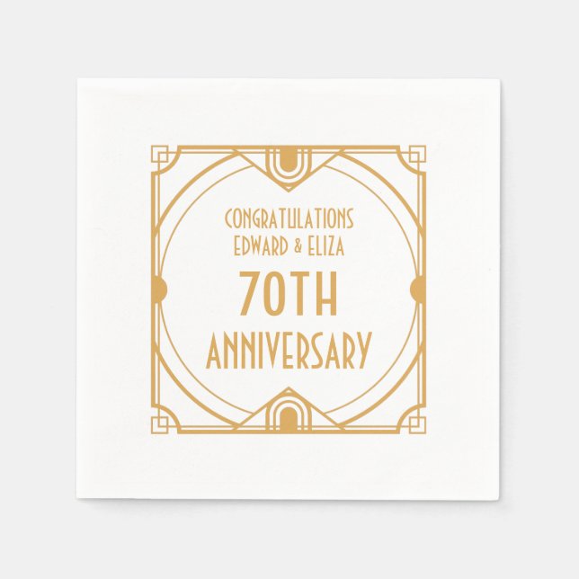 Art Deco Name 70th Wedding Anniversary Gold White Napkins (Front)