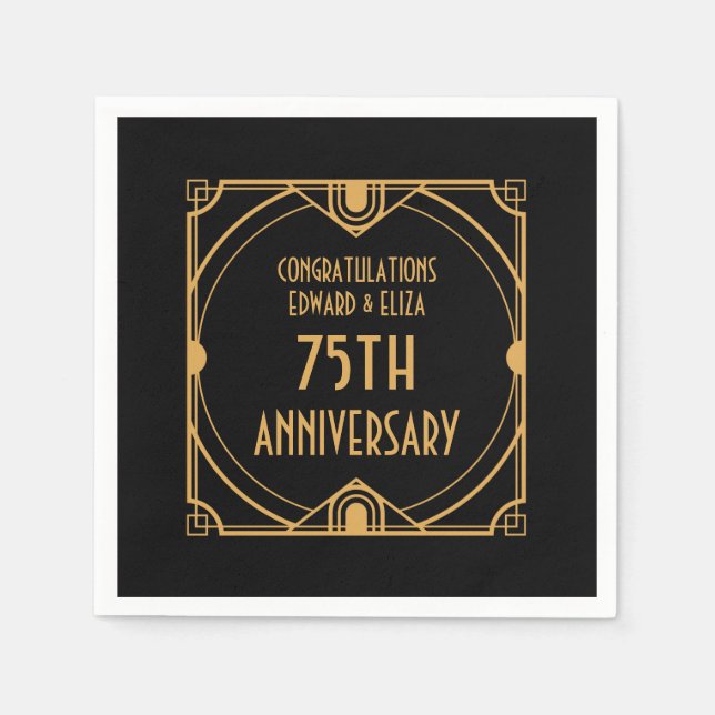 Art Deco Name 75th Wedding Anniversary Gold Black Napkins (Front)