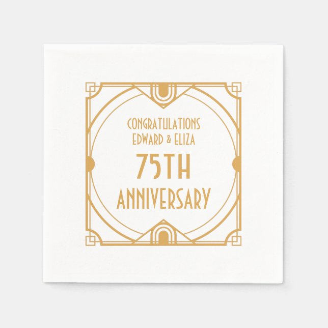 Art Deco Name 75th Wedding Anniversary Gold White Napkins (Front)