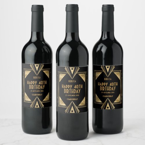 Art Deco Name Happy 40th Birthday Gold Black Wine Label
