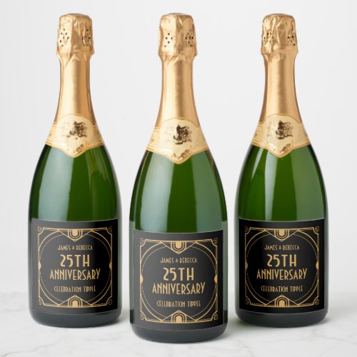 Art Deco Names 25th Anniversary CelebratIon Black Sparkling Wine Label