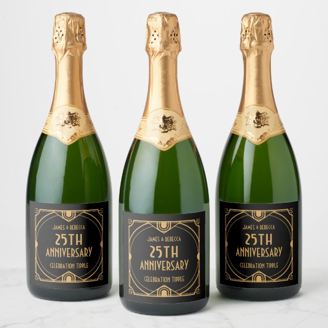 Art Deco Names 25th Anniversary CelebratIon Black Sparkling Wine Label (Bottles)