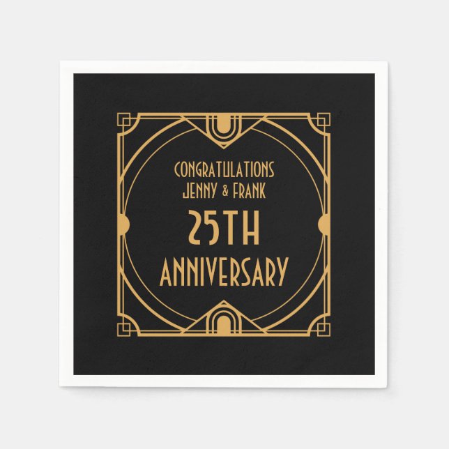 Art Deco Names 25th Silver Wedding Anniversary Napkins (Front)