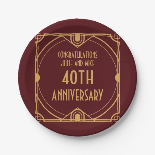 Art Deco Names 40th Wedding Anniversary Ruby Red Paper Plates