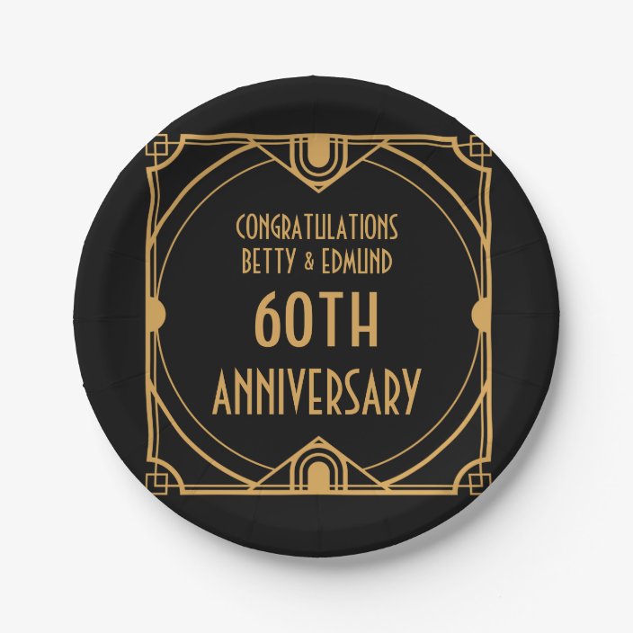 Art Deco Names 60th Wedding Anniversary Black Paper Plate