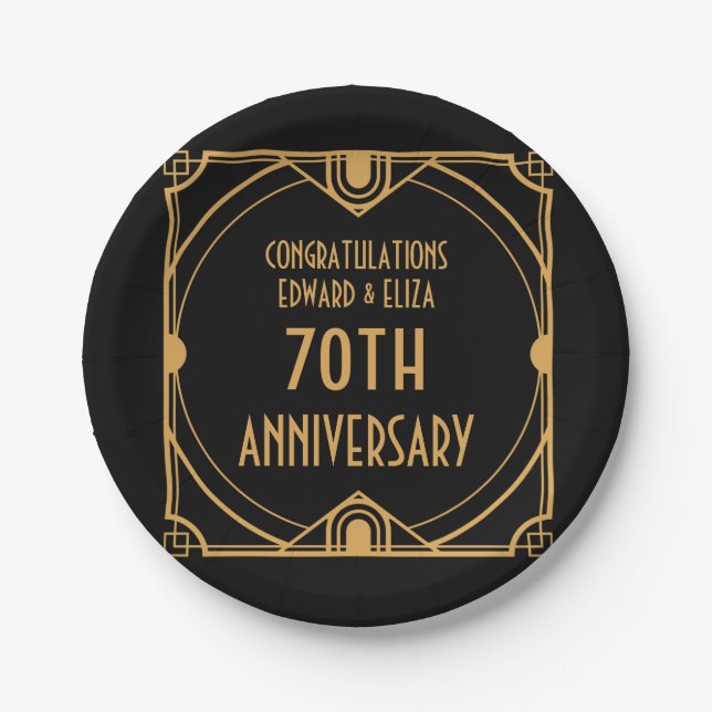 Art Deco Names 70th Wedding Anniversary Black Paper Plates (Front)