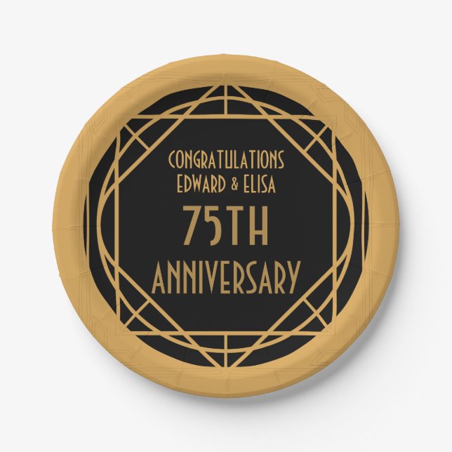Art Deco Names 75 years Anniversary Gold Black Paper Plates (Front)