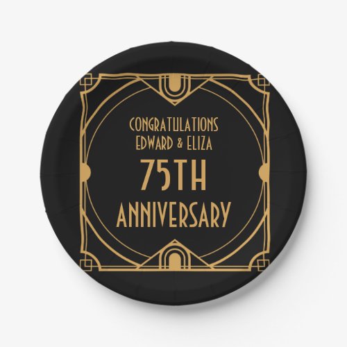 Art Deco Names 75th Wedding Anniversary Black Paper Plates