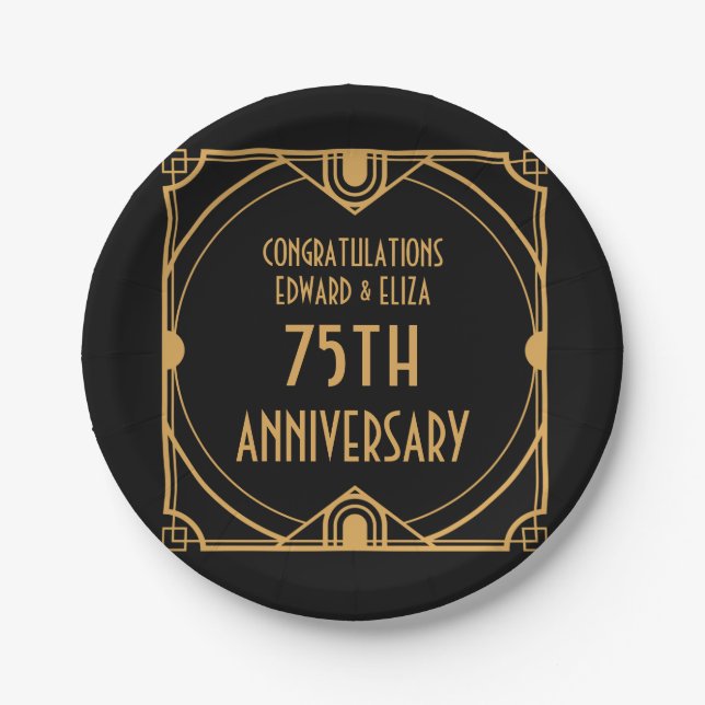 Art Deco Names 75th Wedding Anniversary Black Paper Plates (Front)