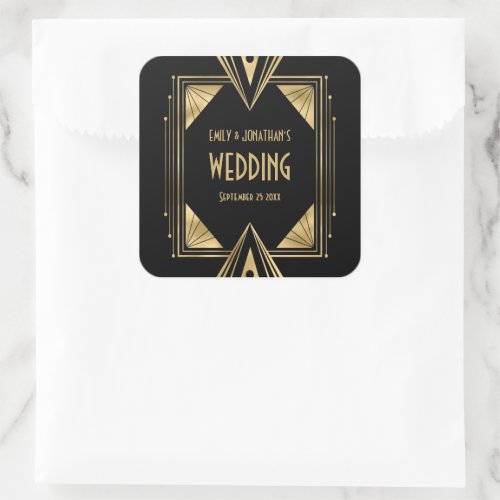 Art Deco Names Date Gold Black Wedding Square Sticker