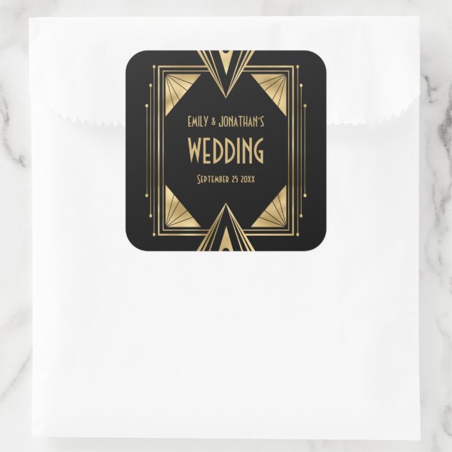 Art Deco Names Date Gold Black Wedding Square Sticker (Bag)