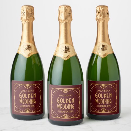 Art Deco Names Golden Wedding Party Burgundy Sparkling Wine Label
