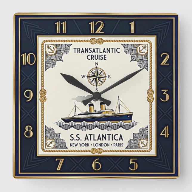 Art Deco Nautic Square Wall Clock (Front)