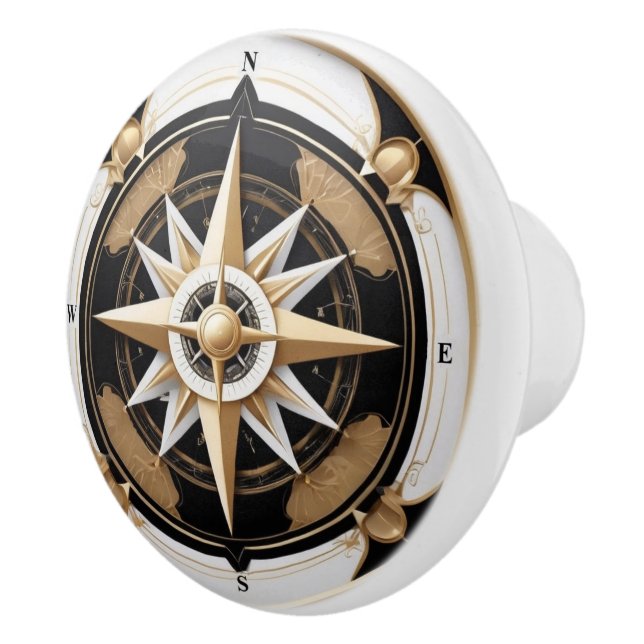 Art Deco Nautical Compass Rose Black White Gold Ceramic Knob (Right)