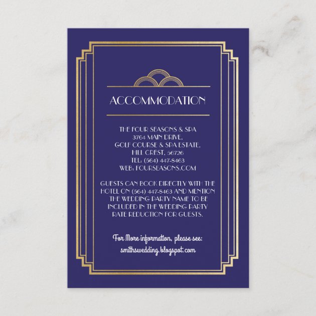 Art Deco Navy Accommodation Wedding Cards Details