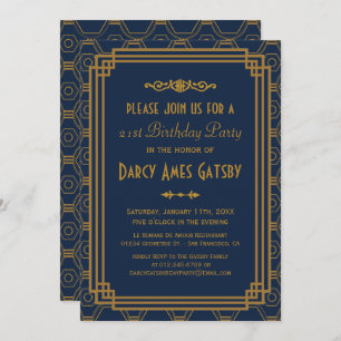 Art Deco Navy Birthday Party Invites