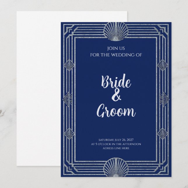 Art Deco Navy Blue Silver Shell Elegant Nautical Invitation (Front/Back)