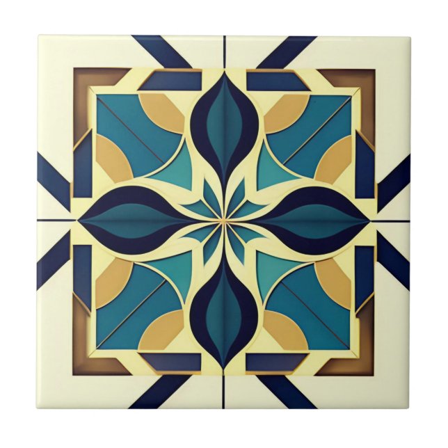 Art Deco Navy Floral Ceramic Tile (Front)