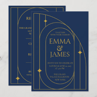 Art Deco Navy Gold Wedding Invitation