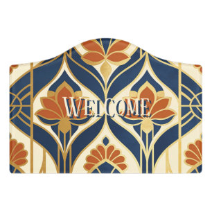 Art Deco Navy Terracotta & Gold Floral Welcome Door Sign